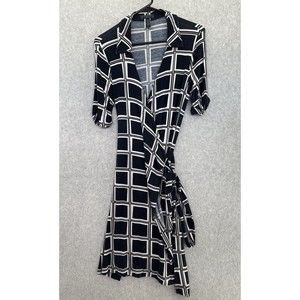 Banana Republic Women's Wrap Dress Black Check Size Large Petite Short Sleeve